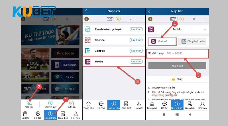 Nạp tiền Kubet dễ dàng với Momo hoặc ZaloPay